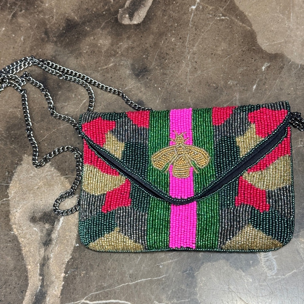 Shirdee Beaded Bee Envelope Clutch Crossbody Small Multicolor Handcrafted Bag